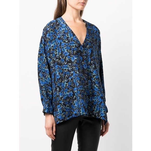 MUNTHE ALUNARIA TOP V neck long sleeve Blue Black floral-print blouse Sz 8 - Picture 4 of 16